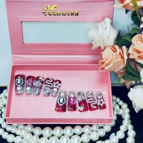 GGddsha Vermilion Duck Nails Medium Square Fake Nailswith Stars Butterflies Snake Designs Handmade Pmmaacrylic Glossy Reusable Fake NailsScarlet (Option: L)
