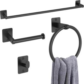 Black Bathroom Accessories Set 4-Piece Bathroom Hardware Set 24 Inch Towel Bar Robe Hooks Toilet Paper Holder (Option: Black)